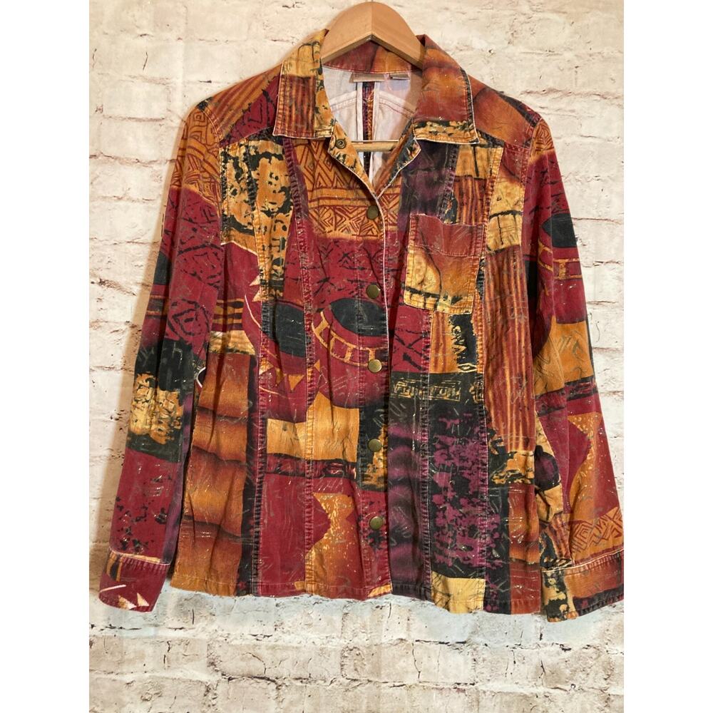 Chicos Top Womens Medium Rust Snap Up Corduroy Glitter Detail Cotton Long Sleeve